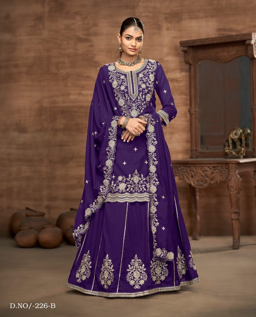 226-purple - Purple Embroidered Traditional Sharara Style Suit.